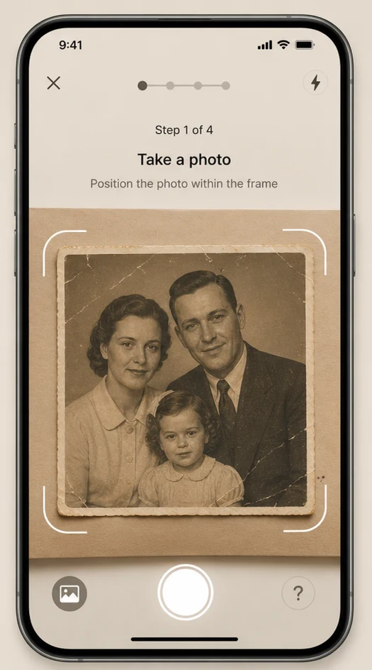 iPhone app screen capturing an old printed family photo