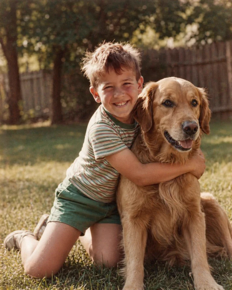 Restored vintage family photo of a smiling boy playing with his beloved dog in a sunny backyard