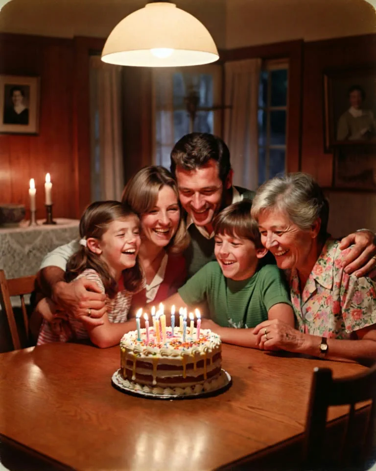 Family gathered around a birthday cake in warm light