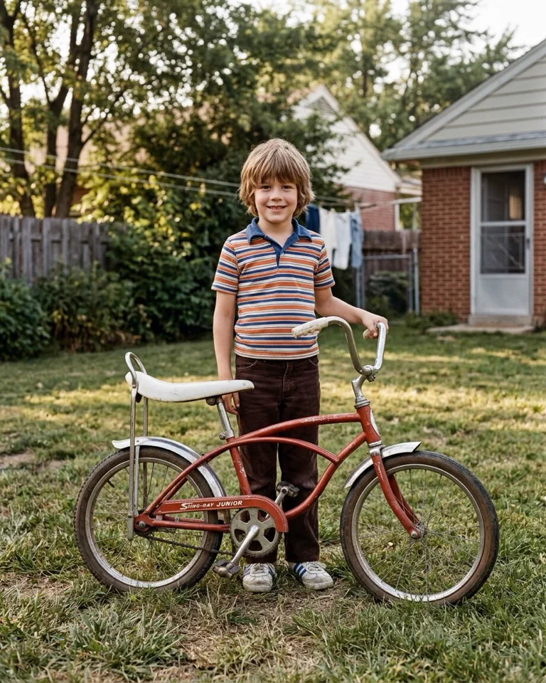 Restored vintage childhood photo of a smiling boy with a small old children's bicycle