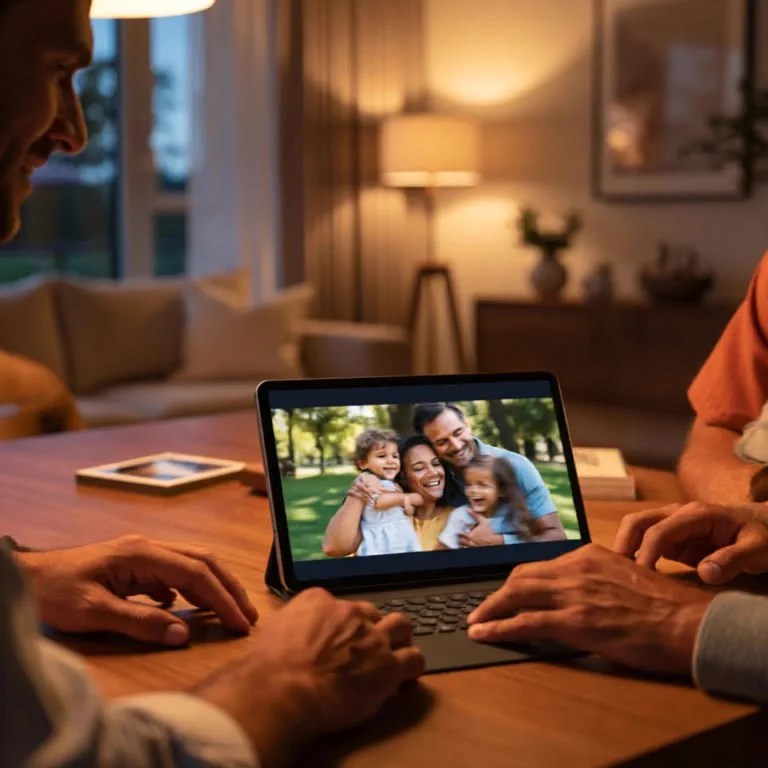 Family gathered together watching a restored home movie on a tablet in a cozy living room