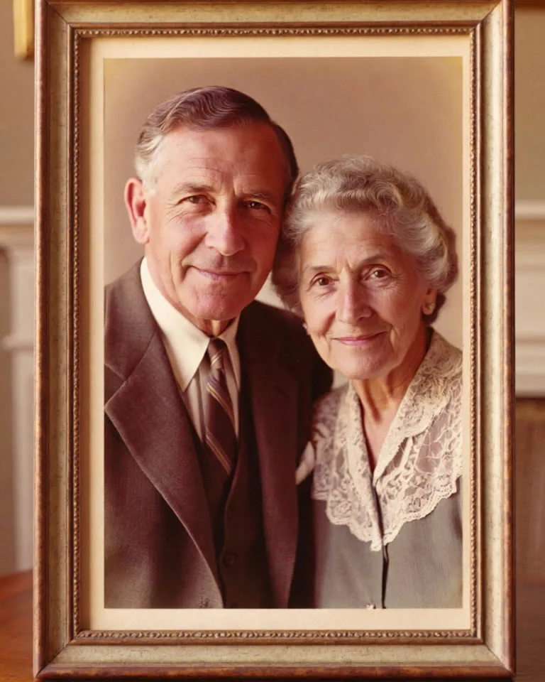 Framed grandparents portrait in a warm home setting