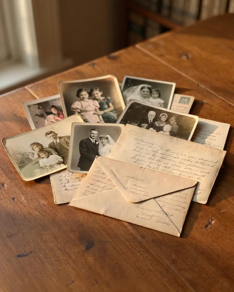 Old family photographs and letters arranged on a wooden table